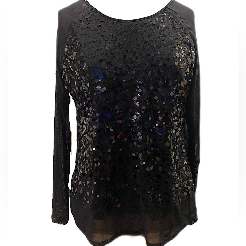 DKNY Black Sequin Mesh Top